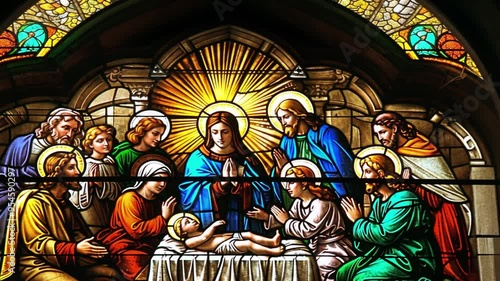 The birth of Jesus Christ scene in stained glass style. Christmas symbol and icon. 4k video Stained glass window in catholic church Jesus Christ