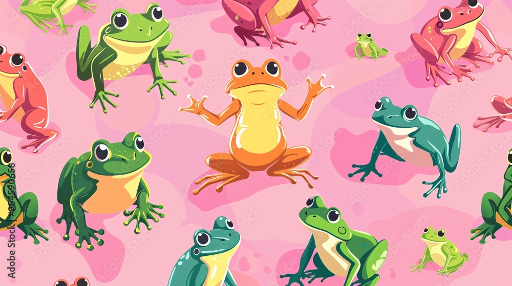 Naklejka premium 07231249 456. Seamless pattern featuring cute cartoon frogs in various playful poses, designed in a vibrant and whimsical style, perfect for kids' wallpaper and gift wrap paper