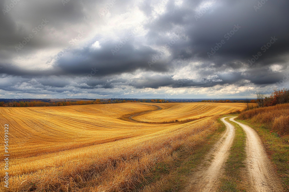 A winding dirt road leads through golden fields under a dramatic sky, capturing the beauty of rural landscapes. A winding dirt road leads through golden fields under a dramatic sky, capturing the beauty of rural landscapes.