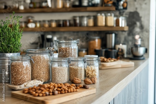 Wallpaper Mural A beautifully arranged kitchen scene showcasing jars of grains, nuts, and seeds on a wooden countertop. Natural lighting enhances the cozy and rustic feel. Generative AI Torontodigital.ca