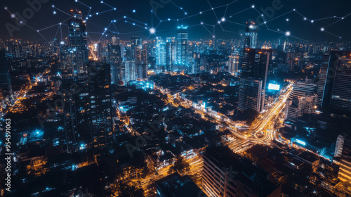 Wallpaper Mural A modern cityscape at night with a wireless network connection concept, highlighting the integration of connection technology within the urban environment.  Torontodigital.ca