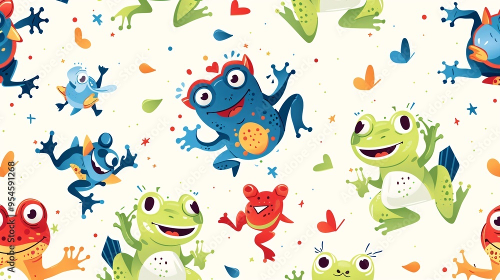 07231249 460. Colorful seamless pattern featuring cartoon frogs in different playful activities, designed for kids' wallpaper and gift wrap paper, with a focus on cuteness and fun 07231249 460. Colorful seamless pattern featuring cartoon frogs in different playful activities, designed for kids' wallpaper and gift wrap paper, with a focus on cuteness and fun
