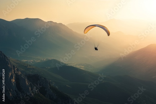 A stunning view of a paraglider soaring over majestic mountains at sunset. The golden light creates a serene atmosphere. Adventure awaits in the sky. Generative AI