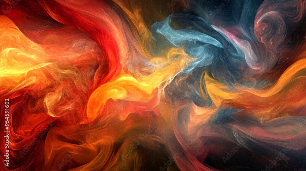 Fototapeta premium Fiery Whirl, an abstract digital artwork radiating swirling hues of red, orange, and yellow, capturing the essence of warmth and transformative energy in motion.