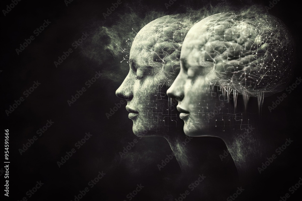 Cognitive flexibility Heartwarming Dual ethereal heads merging into a single entity signifying the convergence of minds thoughts and ideas in a transcendent mystical environment Cognitive flexibility Heartwarming Dual ethereal heads merging into a single entity signifying the convergence of minds thoughts and ideas in a transcendent mystical environment