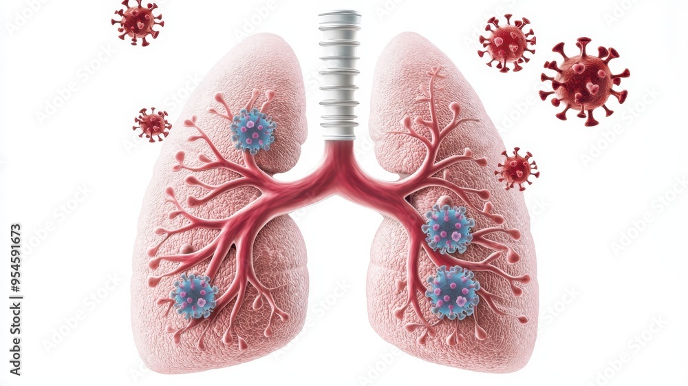 Illustration of a human lung with viruses, highlighting respiratory health and the impact of infections.