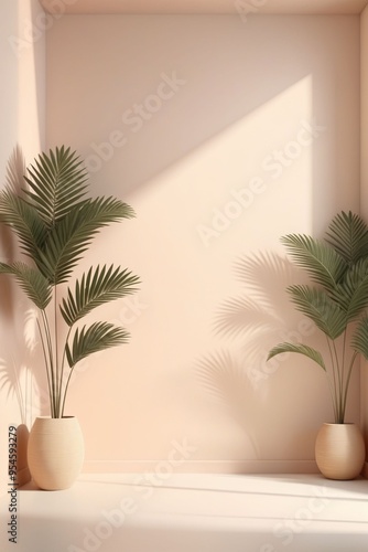 An empty room with tropical tree, pastel beige tone for product presentation and object display