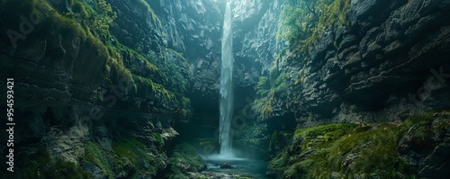 Vertical waterfall with a narrow stream plunging down a cliff, 4K hyperrealistic photo photo