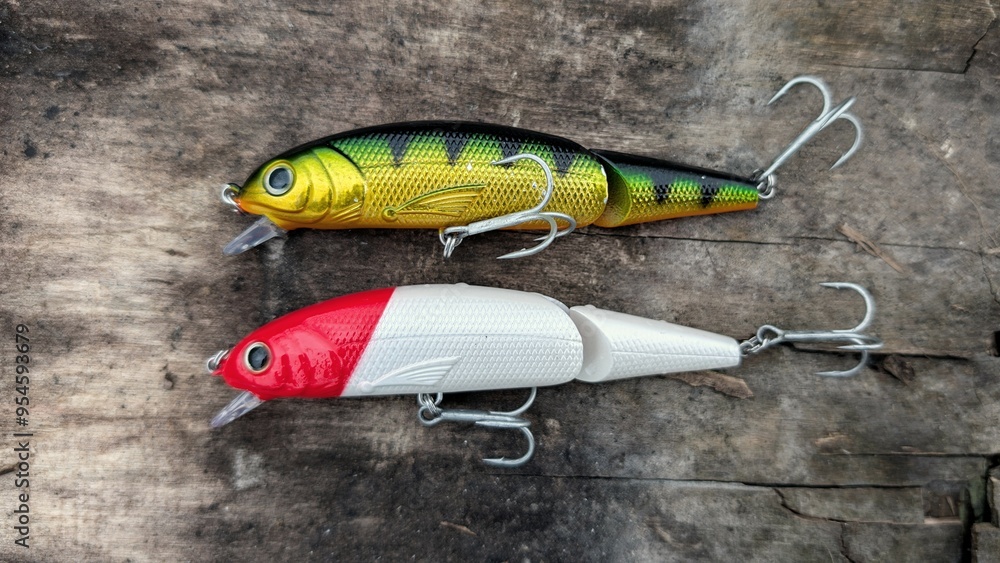 Fishing lures set, spinning ger, angling, sport fishing, catch and release, fish bait isolated on aged wood background
