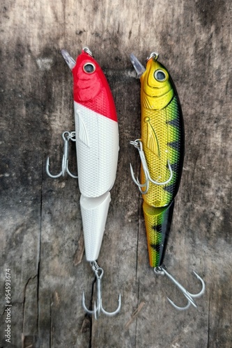 Obraz na płótnie Fishing lures set, spinning ger, angling, sport fishing, catch and release, fish bait isolated on aged wood background w salonie