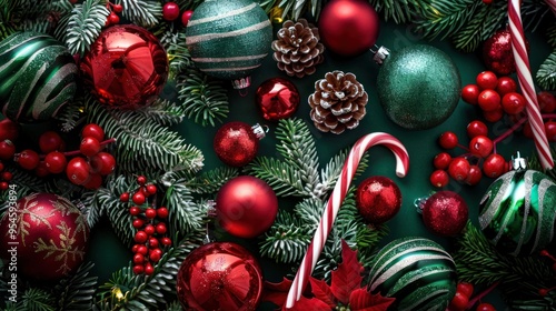 a cheerful Christmas background with red and green ornaments, holly, and candy canes. photo