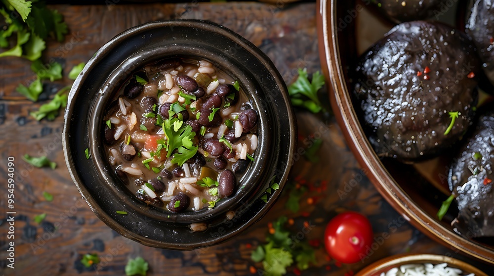 Comforting meals in the form of black beans and rice seen from above Comforting meals in the form of black beans and rice seen from above