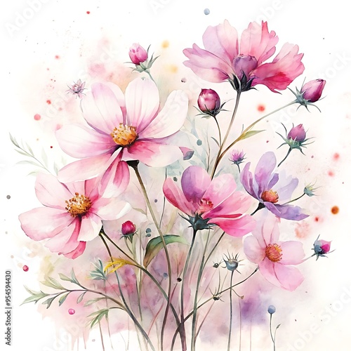 Wallpaper Mural Soft Pink cosmos in Watercolor on White Background Torontodigital.ca