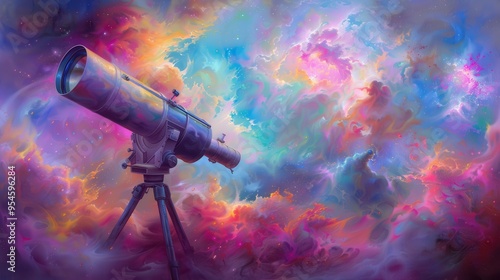 Celestial Observers, oil painting showcasing rear view space telescopes, blending rich textures and vibrant colors to inspire wonder and the spirit of exploration. photo