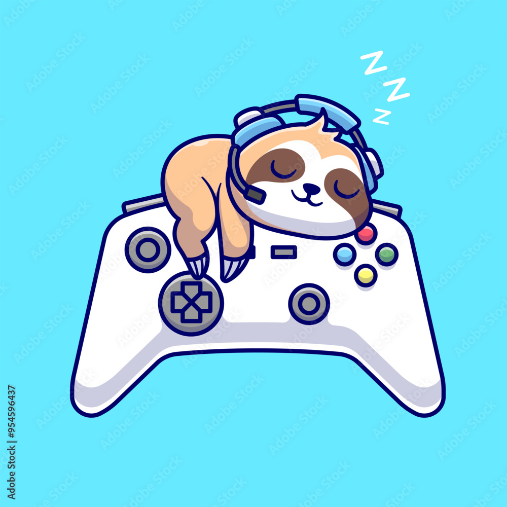 Fototapeta premium Cute Sloth Gamer Sleeping On Joystick Cartoon Vector Icon Illustration. Animal Technology Icon Concept Isolated Premium Vector. Flat Cartoon Style 