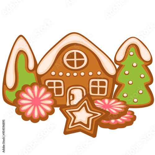 Christmas homemade gingerbread cookies with icing vector illustration, cartoon  shape of a house, trees, star and flower.