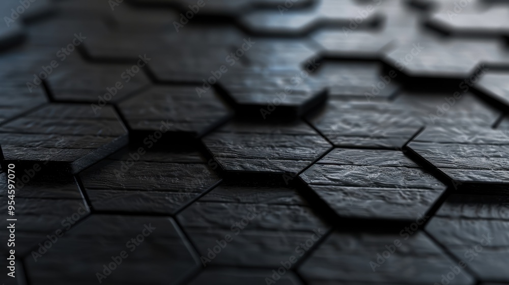 Sleek Black Hexagonal Tiles, modern design showcasing intricate textures, selective focus highlights the geometric patterns and depth of the tile surface.