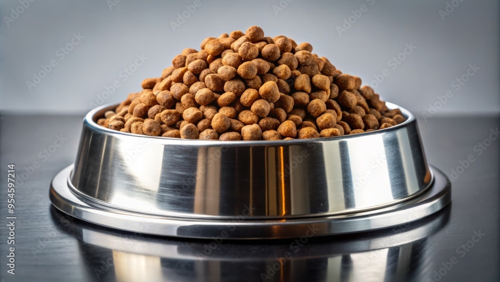 Premium dry cat food fills a reflective, shiny bowl, its metallic glow enhanced by the golden crust on Premium dry cat food fills a reflective, shiny bowl, its metallic glow enhanced by the golden crust on