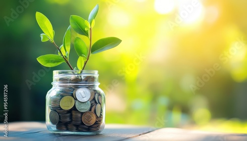 A coin jar with a green plant symbolizes growth, savings, and eco-friendly investments in a bright, natural setting. photo