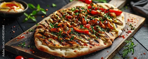 Mediterranean flatbread with hummus and grilled vegetables, 4K hyperrealistic photo photo