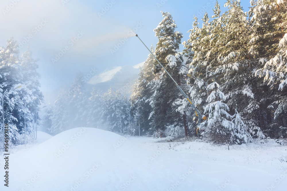 Bansko, Bulgaria resort panorama with snow cannon Bansko, Bulgaria resort panorama with snow cannon