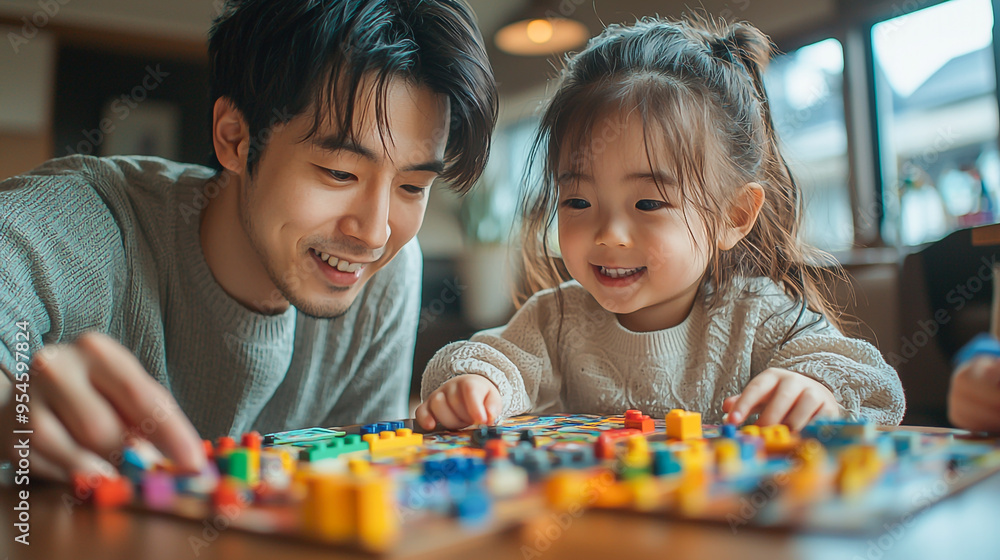 Fototapeta premium father and daughter playing with construction set. Asian man and Asian child girl playing with bright construction set.