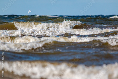 Latvia Rigas Gulf Jurmala coast waves front view photo