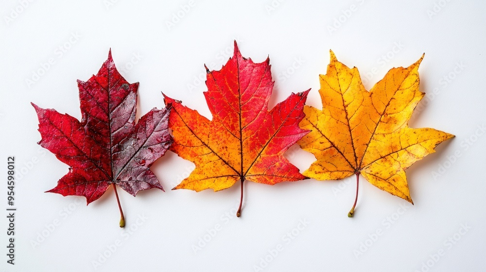 Three Autumn Leaves in Red, Orange, and Yellow Hues Three Autumn Leaves in Red, Orange, and Yellow Hues