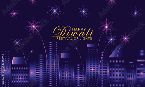 Firework on Indian cityscape for Happy Diwali Holiday background for light festival of India