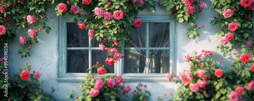 Climbing roses on a cottage facade, 4K hyperrealistic photo