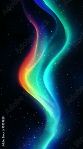 Abstract colorful neon wave with glitter on black starry background.