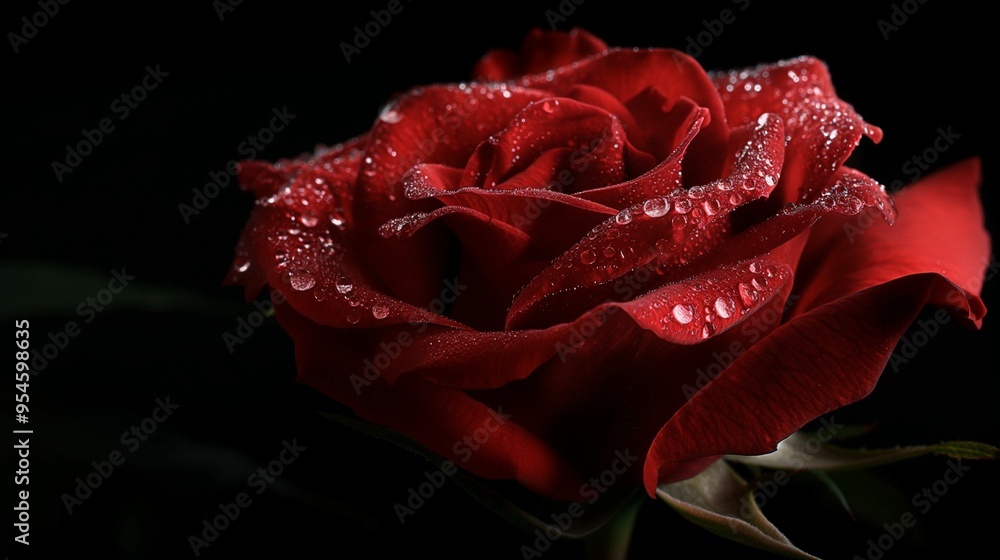 Naklejka premium Close-up of a red rose with dewdrops accentuating its delicate petals against a dark background.