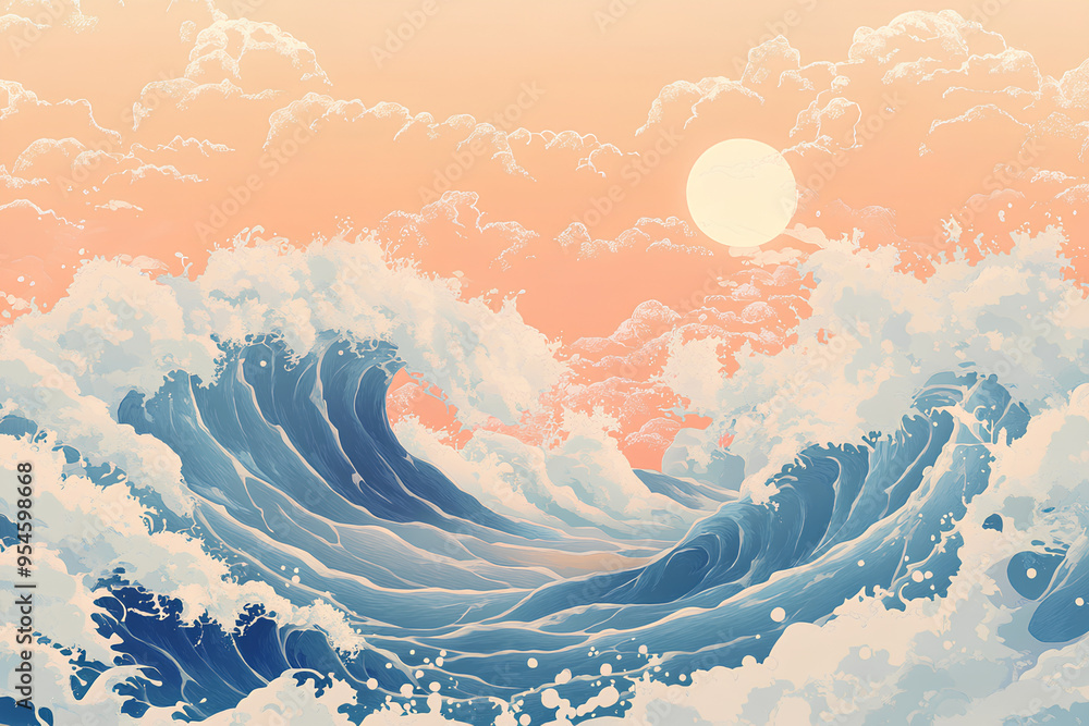 Japanese illustration of great ocean waves as wallpaper Japanese illustration of great ocean waves as wallpaper
