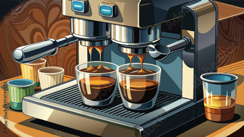 A close-up view of an espresso machine brewing two shots of espresso into glass cups, with the dark, rich espresso flowing from the machine's portafilters