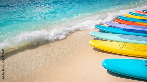 Colorful paddleboards lined up along the water's edge on a sandy beach.