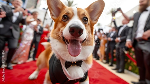 Adorable Corgi Strutting Down Red Carpet in Tuxedo