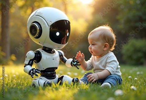 Futuristic AI Robot Kid Playing in Garden with Human Baby