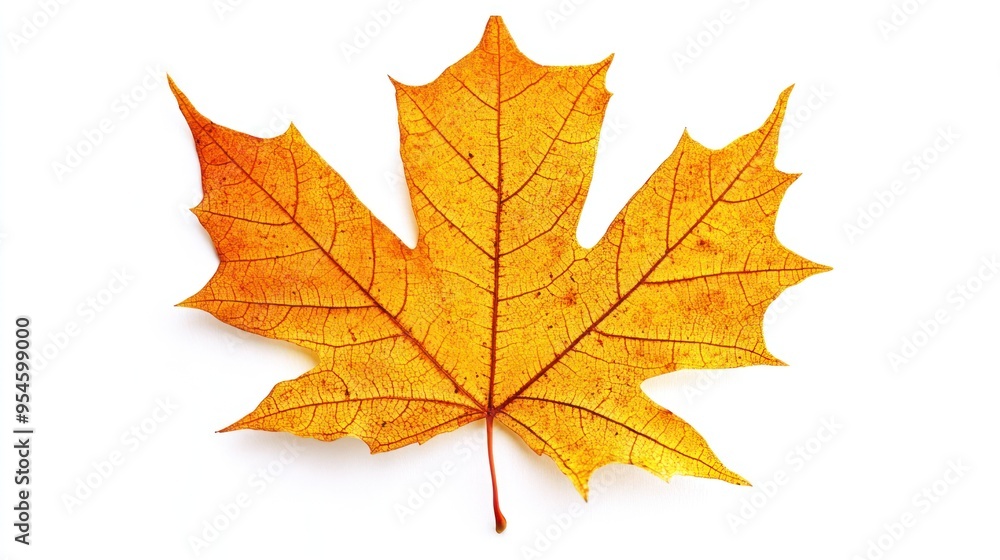 A Single Golden Maple Leaf with Intricate Veins Against a White Background A Single Golden Maple Leaf with Intricate Veins Against a White Background