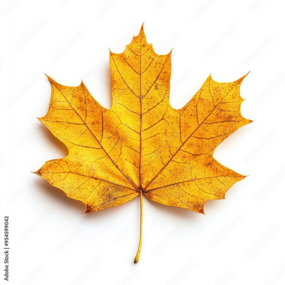 Single Golden Maple Leaf with Detailed Veins on White Background Single Golden Maple Leaf with Detailed Veins on White Background