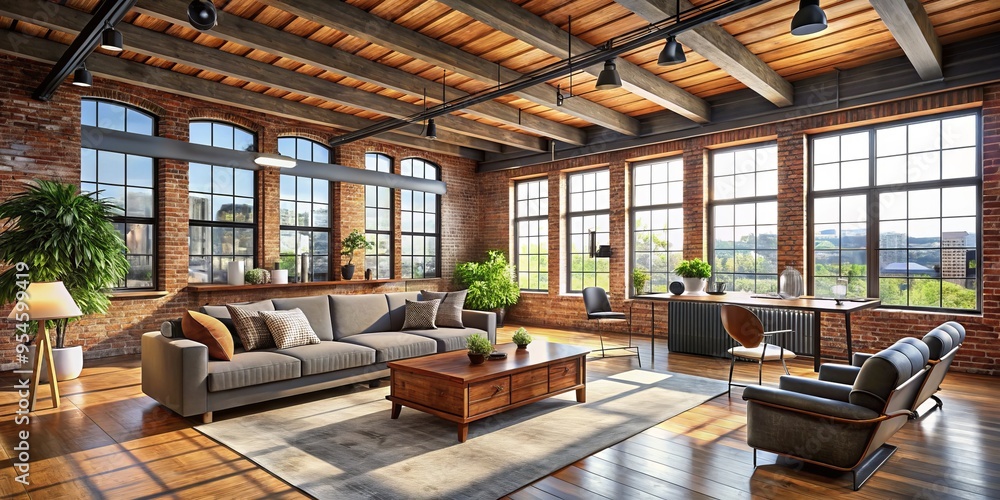 Rustic wood beams and exposed brick walls form a striking contrast with the airy, industrial-style windows of this Rustic wood beams and exposed brick walls form a striking contrast with the airy, industrial-style windows of this