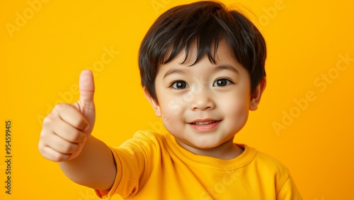 A young boy gives a thumbs up with a big smile.