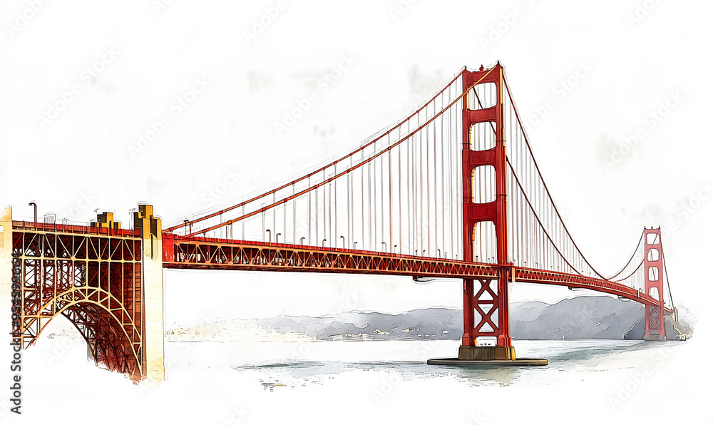 Fototapeta premium Golden Gate Bridge png watercolor illustration, San Francisco's architecture, transparent background