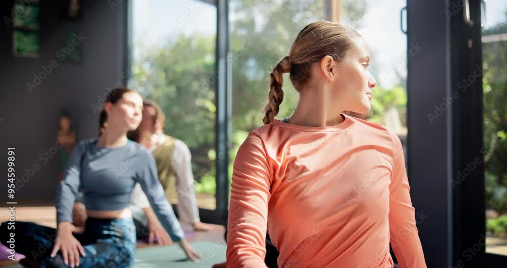 Pilates, stretching and woman on floor in class for fitness, natural exercise and morning balance together. Workout, yoga and people on mat for muscle warm up, body wellness and self care in studio Pilates, stretching and woman on floor in class for fitness, natural exercise and morning balance together. Workout, yoga and people on mat for muscle warm up, body wellness and self care in studio