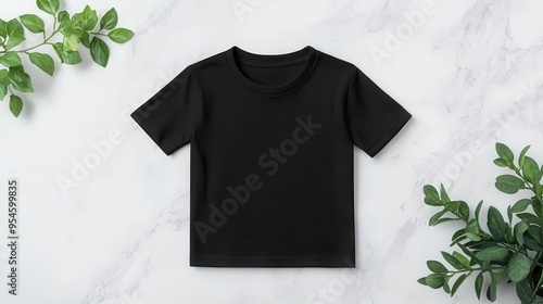 Black kids' T-shirt with sleeves folded, placed on a marble surface, Kids T-Shirt Mockup, Elegant and modern display