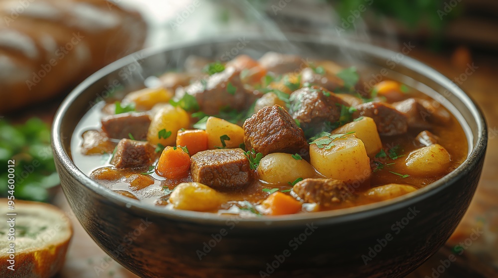 Steaming bowl of hearty beef stew with vegetables, comfort food on a cold day, homemade rustic meal Steaming bowl of hearty beef stew with vegetables, comfort food on a cold day, homemade rustic meal