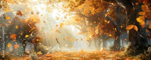 Golden autumn landscape with falling leaves, 4K hyperrealistic photo photo