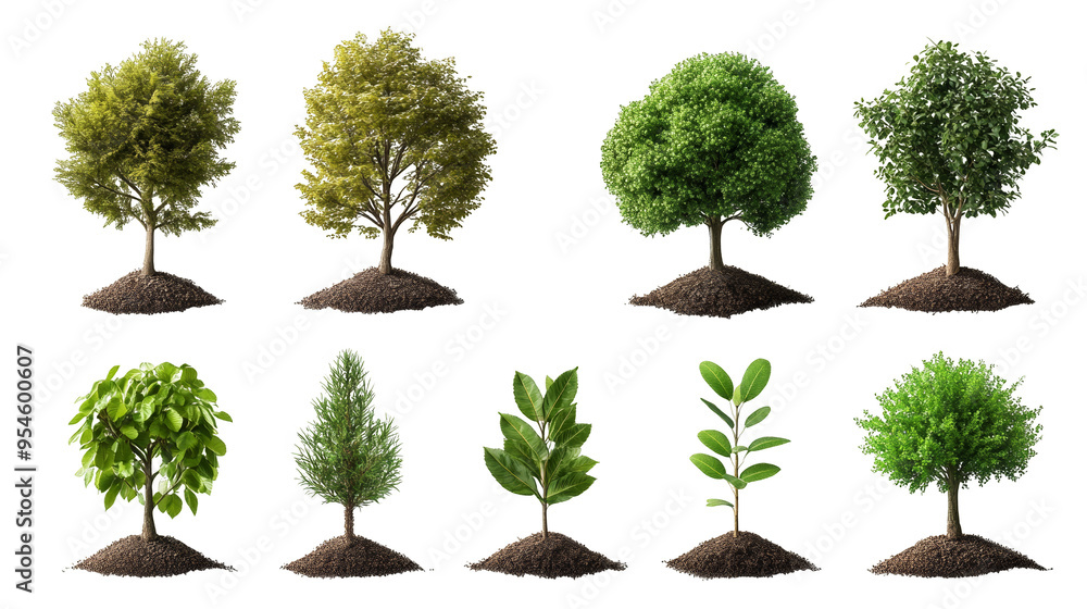 Fototapeta premium A collection of diverse trees showcasing various shapes and colors, ideal for nature-themed projects and design concepts.