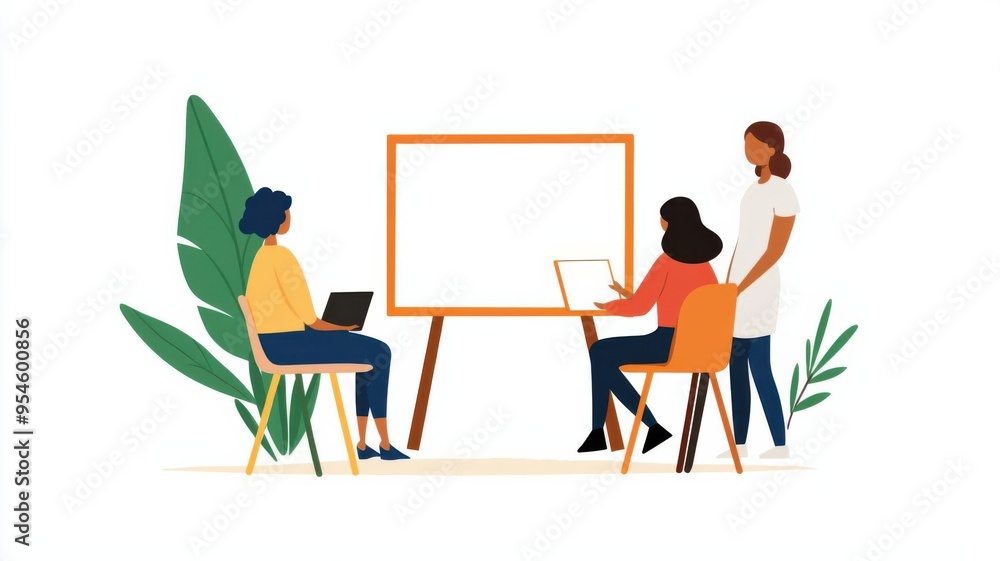 Diverse team working on a whiteboard, brainstorming session, flat design illustration Diverse team working on a whiteboard, brainstorming session, flat design illustration