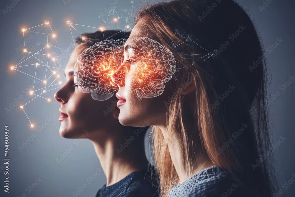 Dynamic Brain connectivity Man and woman with glowing neural connections symbolizing intellectual synergy and deep mutual understanding in a contemporary high tech setting Dynamic Brain connectivity Man and woman with glowing neural connections symbolizing intellectual synergy and deep mutual understanding in a contemporary high tech setting