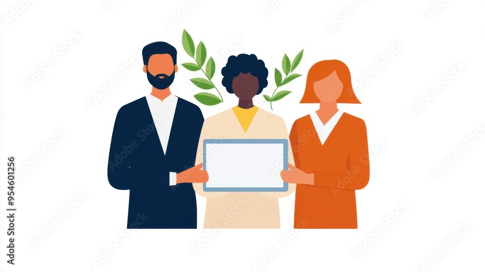 Obraz premium Employees collaborating on a tablet, digital workspace, flat design illustration